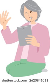 Vector illustration of a grandmother on a tablet video call with her grandson

