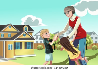 A Vector Illustration Of A Grandmother Playing With Her Grandchildren