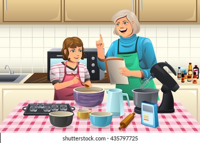 A vector illustration of grandmother preparing cookies with her grandchild in the kitchen