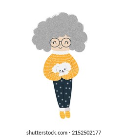 Vector illustration of a grandmother with a puppy in her arms. Cartoon curly grandmother. Vector illustration Grandmother illustration isolated on white background.