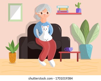 
Vector illustration, grandmother resting with her cat