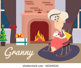 Vector illustration of grandmother sitting in armchair near fireplace. Granny lettering. Comic cartoon character.