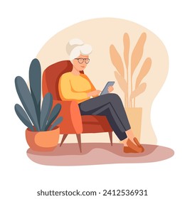 Vector illustration of a grandmother sitting in a chair with a phone in warm colors. Communication with the older generation via the Internet. Studying modern technologies by old parents.