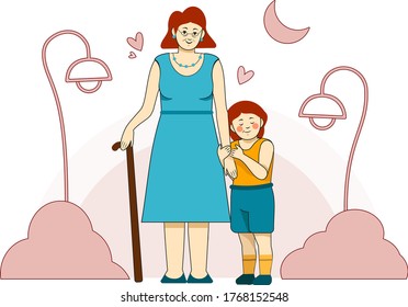 vector illustration of a grandmother walking with her granddaughter in the Park