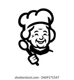 Ilustración vectorial de la abuela con sombrero de chef y llevando una cuchara en un estilo plano y minimalista aislado sobre un fondo blanco