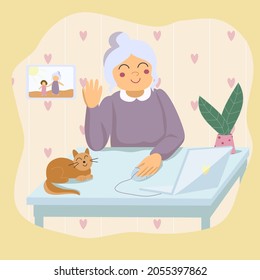 Vector illustration of a grandmother who communicates with her family via video link. The illustration shows additional elements: a laptop, a ginger cat, a flower in a pot and a photo frame.