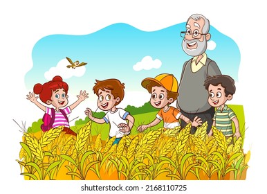 Vector Illustration Of Grandpa And Kids In Wheat Field