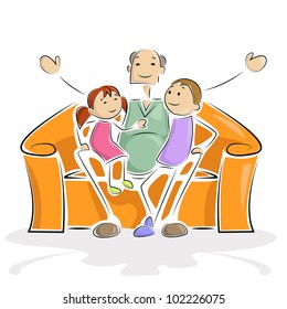 vector illustration of grandpa sitting with grand child in sofa