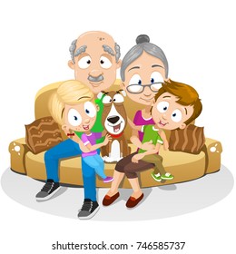 Vector illustration of grandparent sitting on sofa together with grandchildren and dog. Isolated on white background