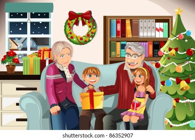 A vector illustration of grandparents giving Christmas presents to their grandchildren