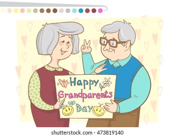 Vector illustration of Grandparents greeting card. Grandfather and Grandmother holding the greeting card Happy Grandparents Day.