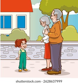 Vector illustration of grandparents talking to their grandchildren in the park. The old couple met with children and they greet each other.