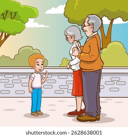 Vector illustration of grandparents talking to their grandchildren in the park. The old couple met with children and they greet each other.
