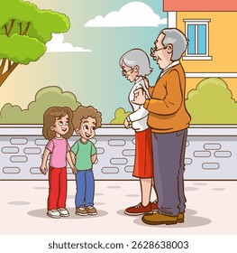 Vector illustration of grandparents talking to their grandchildren in the park. The old couple met with children and they greet each other.