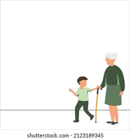 vector illustration of a grandson leads grandma on a walk, oneline design for presentation, bottom right object position. svg
