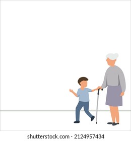 vector illustration of a grandson leads grandma on a walk, oneline design for presentation, bottom right object position. svg
