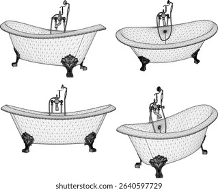 vector illustration of granite stone bathtub design with modern shower for soaking in bathroom