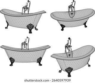 vector illustration of granite stone bathtub design with modern shower for soaking in bathroom