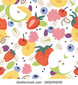 Vektorgrafik-Granolhintergrund mit verschiedenen Früchten, Beeren, Früchten und Nüssen. Bio-und gesunde Snacks. Nahtloses Muster