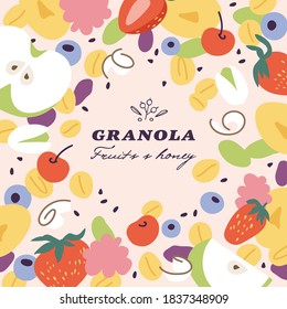 Ilustración vectorial de fondo de granola con diferentes frutas, bayas, frutas y nueces. Tentempiés orgánicos y saludables