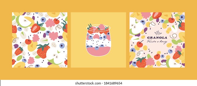 Vektorgrafik-Granolhintergrund mit verschiedenen Früchten, Beeren, Früchten und Nüssen. Bio-und gesunde Snacks. Nahtloses Muster
