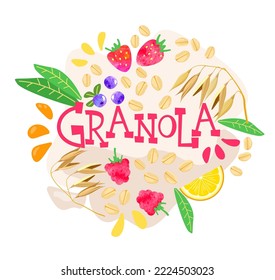 Vector illustration granola background with with handwritten calligraphy lettering composition. Organic and healthy snack