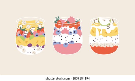 Vector Illustration Granola Parfait With Yogurt, Oat Granola, Fresh Berries, Honey And Nuts. Organic And Healthy Snack