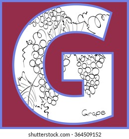 Vector illustration of grape berries  inside of letter G. Limited colors graphic. Hand drawing.