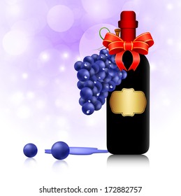 Vector illustration of grape and bottle of wine with red bow.