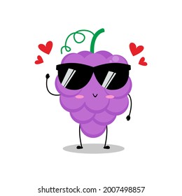 Vector illustration of grape character with cute expression, lovely, sunglasses, grapes isolated on white background, simple minimal style, fresh fruit for mascot collection, emoticon
