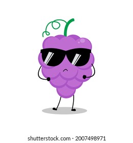 Ilustración vectorial del personaje de la uva con expresión tierna, arrogante, estilista, gafas de sol, uvas aisladas en fondo blanco, sencillo estilo mínimo, fruta fresca para la recolección de mascotas, emoticono