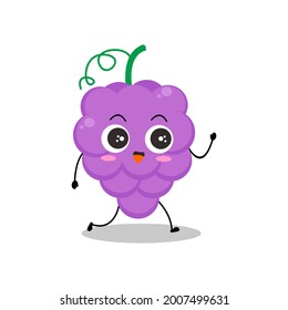 Ilustración vectorial del personaje de la uva con expresión linda, caminar, sonreír, feliz, uvas aisladas en fondo blanco, estilo simple mínimo, fruta fresca para la recolección de mascotas, emoticono