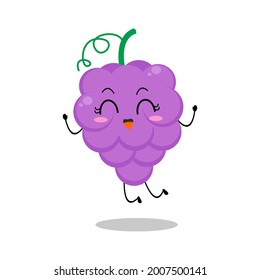 Ilustración vectorial del personaje de la uva con expresión linda, salto, feliz, divertido, uvas aisladas en fondo blanco, estilo simple mínimo, fruta fresca para la recolección de mascotas, emoticono