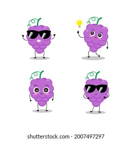 Vector illustration of grape character with various cute expression, adorable grapes isolated on white background, simple minimal style, fresh fruit for mascot collection, emoticon