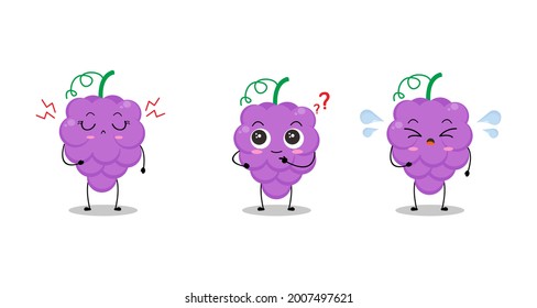 Ilustración vectorial del personaje de la uva con diversas expresiones lindas, uva divertida, uvas adorables aisladas en fondo blanco, estilo simple mínimo, fruta fresca para recolección de mascotas, emoticono