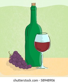 vector illustration of grape vine and bottle of wine