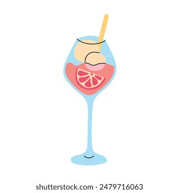 Vector illustration of a grapefruit champagne cocktail with ice cream in a glass. Flat cartoon style, elegant beverage for summer parties. Refreshing campari slush with sorbet, dessert drink icon