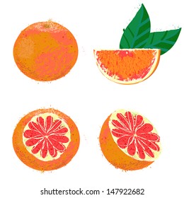 Vector illustration of a grapefruit. The drawing imitates dry brush watercolor technique. Set of four images for any package design like juice boxes, yogurt, jelly, candies, jam, dessert, fruit tea