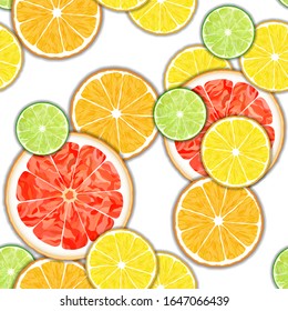 Vector illustration of a grapefruit orange lemon and lime slice seamless pattern