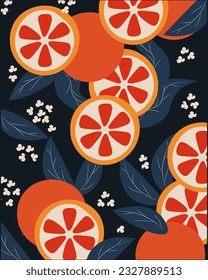 Vector illustration. Grapefruit, orange, tangerine poster, banner, fruit advertising, dark poster, food.