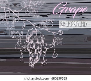 Vector illustration of grapes on the branch on wooden background.