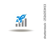 Vector illustration of graph growth and spaceship. Symbol of entrepreneurship. Icon of startup venture capital.