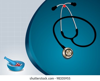 Vektorgrafik von medizinischem Hintergrund mit Stethoskop, Mörtel und Pestle in blauer Farbe.EPS10.