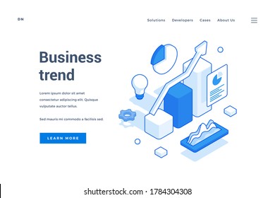 Vector illustration of graph with rising arrow representing positive business trend near description and link banner on modern web banner. Isometric web banner, landing page template