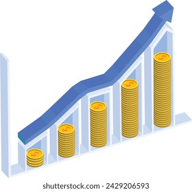 A vector illustration of a graph with stacks of coins and a blue arrow pointing upwards, symbolizing financial growth, success, and prosperity.