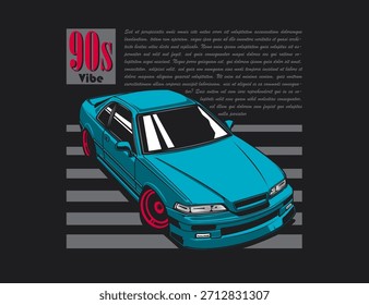 vector illustration graphic with 90s car image for tees