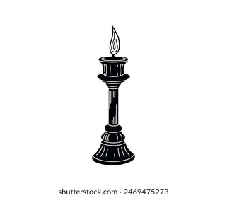 Vector illustration. Graphic arts. Burning candle. Candle drawing. Old candlestick. Ink illustration