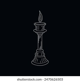 Vektorillustration. In: Graphic Arts. Brennende Kerze. Kerzenzeichnung. Alter Kerzenständer. Freihanddarstellung. Linienzeichnung. Konturzeichnung