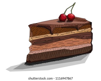 Vector illustration graphic arts sketch of drawing piece of cake with cherry.