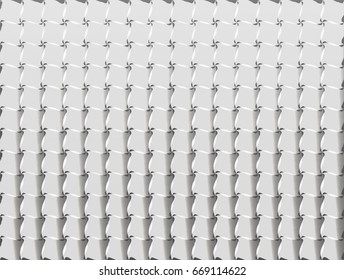 vector Illustration and graphic background, abstract white and gray color geometric texture, soft gray color gradient serrated surface of tile with spiral and turbine radial tracery horizontal
